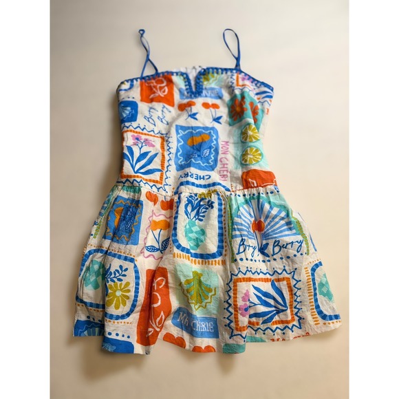 Day + Moon Dresses & Skirts - Day + Moon Women Small Blue Multi Stamp Fruit Print Mini Dress Whipstitch Trim